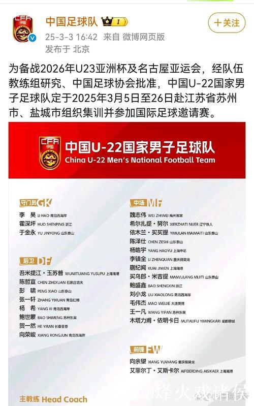 2026年U23亚洲杯开战!各主要国家队大名单一览 2026年U23亚洲杯开战!各主要国家队大名单一览